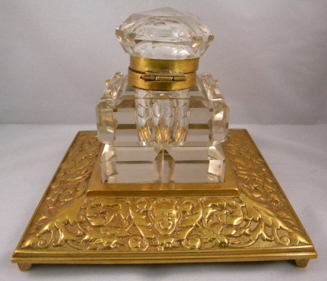 English Antique Square Brass Inkstand With Large Cut Glass Inkwell, Penholder