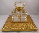 English Antique Square Brass Inkstand With Large Cut Glass Inkwell, Penholder