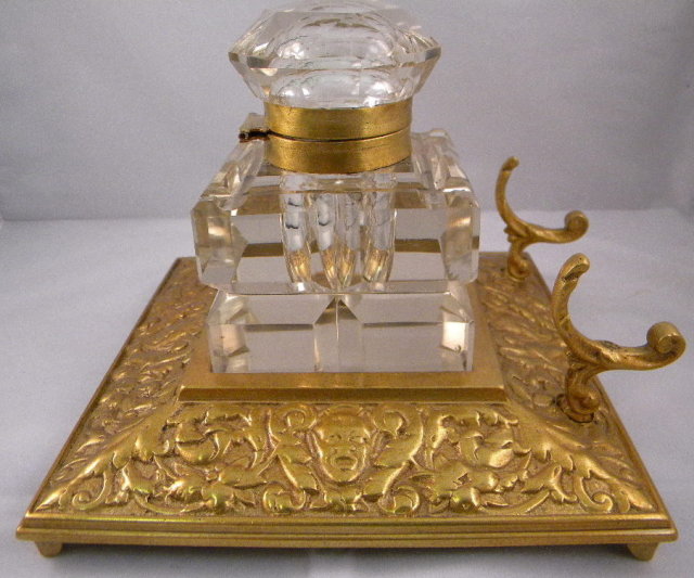 English Antique Square Brass Inkstand With Large Cut Glass Inkwell, Penholder