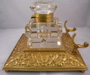 English Antique Square Brass Inkstand With Large Cut Glass Inkwell, Penholder