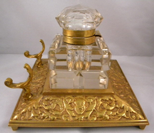 English Antique Square Brass Inkstand With Large Cut Glass Inkwell, Penholder