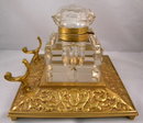English Antique Square Brass Inkstand With Large Cut Glass Inkwell, Penholder