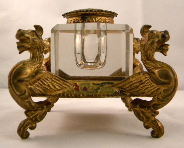 Antique Gilded Inkstand With Winged Griffin Supports & Cut Glass Inkwell