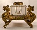 Antique Gilded Inkstand With Winged Griffin Supports & Cut Glass Inkwell