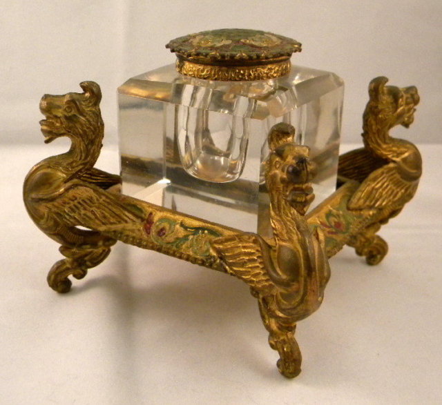 Antique Gilded Inkstand With Winged Griffin Supports & Cut Glass Inkwell