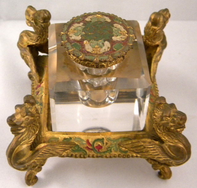 Antique Gilded Inkstand With Winged Griffin Supports & Cut Glass Inkwell
