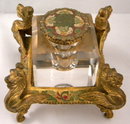 Antique Gilded Inkstand With Winged Griffin Supports & Cut Glass Inkwell