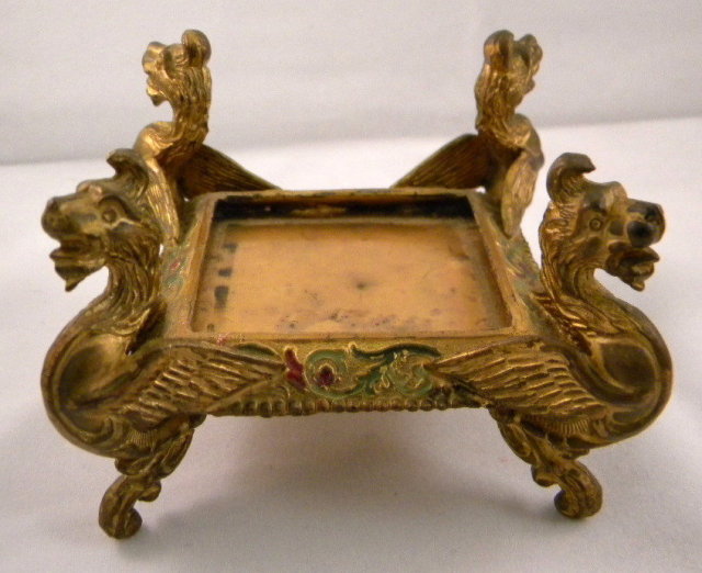 Antique Gilded Inkstand With Winged Griffin Supports & Cut Glass Inkwell