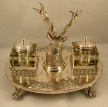 English Silver Plate Inkstand With Stag Head & 2 Cut Glass Inkwells