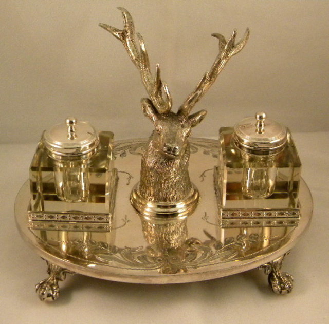 English Silver Plate Inkstand With Stag Head & 2 Cut Glass Inkwells