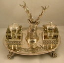 English Silver Plate Inkstand With Stag Head & 2 Cut Glass Inkwells