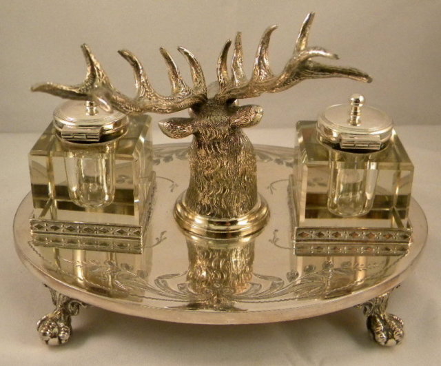English Silver Plate Inkstand With Stag Head & 2 Cut Glass Inkwells