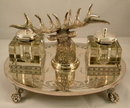 English Silver Plate Inkstand With Stag Head & 2 Cut Glass Inkwells
