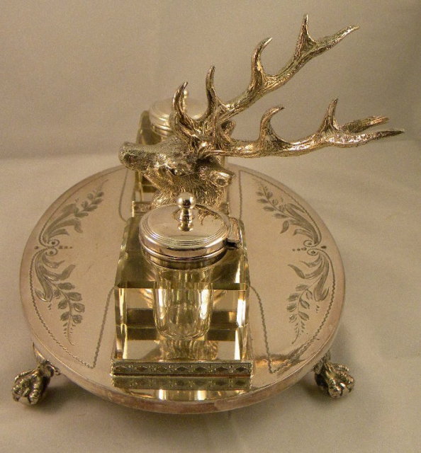 English Silver Plate Inkstand With Stag Head & 2 Cut Glass Inkwells