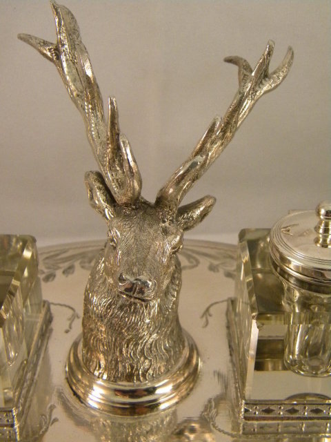 English Silver Plate Inkstand With Stag Head & 2 Cut Glass Inkwells