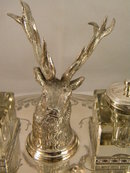 English Silver Plate Inkstand With Stag Head & 2 Cut Glass Inkwells