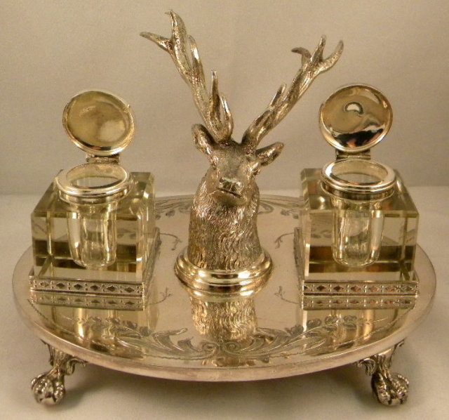 English Silver Plate Inkstand With Stag Head & 2 Cut Glass Inkwells