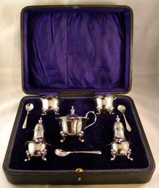 English Sterling Silver Condiment Set In Original Box, 1920