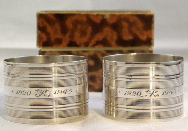 Boxed Pair Sterling Silver Napkin Rings Commemorating Anniversary,1945