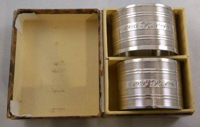 Boxed Pair Sterling Silver Napkin Rings Commemorating Anniversary,1945