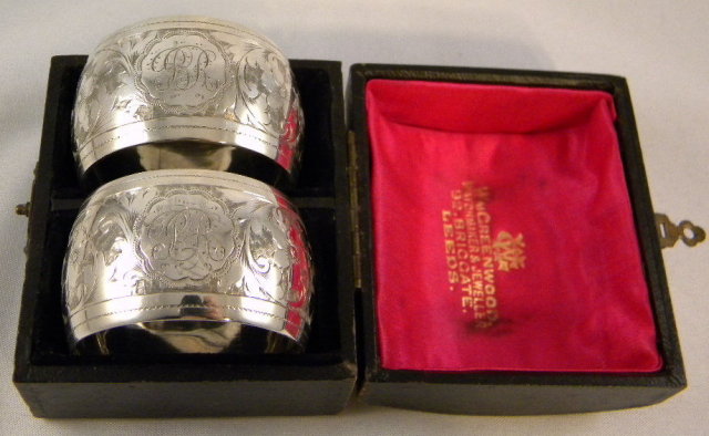 Pr. Silver Art Nouveau Napkin Rings In Original Box, 1899