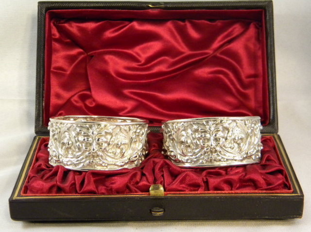 Pr. Silver Art Nouveau Napkin Rings, Elaborately Embossed, In Original Box, 1899