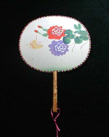 Oriental Silk Fan with Wooden Handle Roses and Butterfly