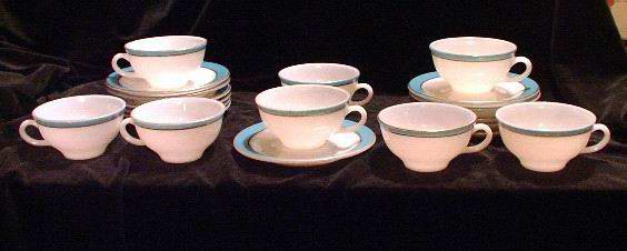 Vintage Pyrex Cups and Saucers Turquoise Band Gold Trim