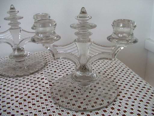 Antique Double Light Candlesticks Etched