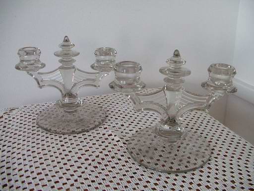 Antique Double Light Candlesticks Etched