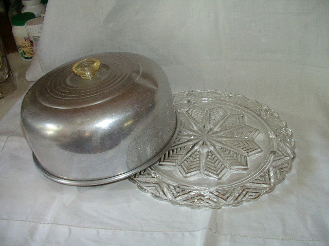 Vintage Aluminum Covered Cake Plate With Bakelite Handle