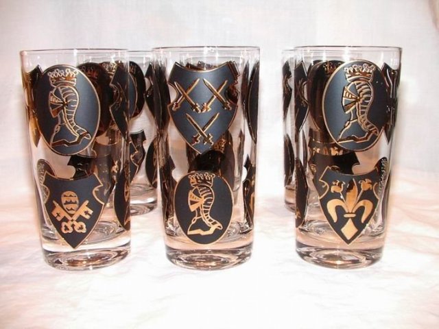 Vintage Black and Gold Bar Glasses with Knights