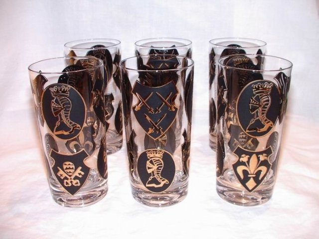 Vintage Black and Gold Bar Glasses with Knights