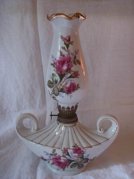 Moss Rose Japan Oil Lamp 10 3/4 Inches Tall