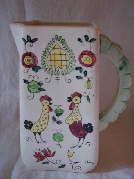 Handpainted Pitcher Roosters Not Marked