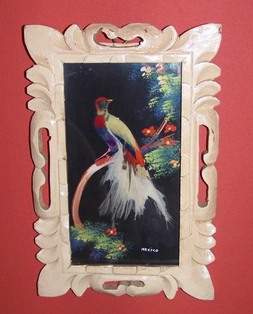 Vintage Mexican Feather Painting Birds Trees Flowers
