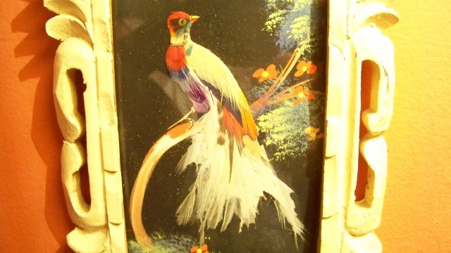 Vintage Mexican Feather Painting Birds Trees Flowers
