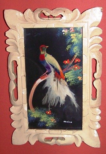 Vintage Mexican Feather Painting Birds Trees Flowers