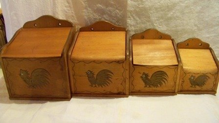 Vintage Wood Canister Set Roosters Japan