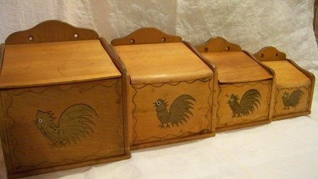 Vintage Wood Canister Set Roosters Japan
