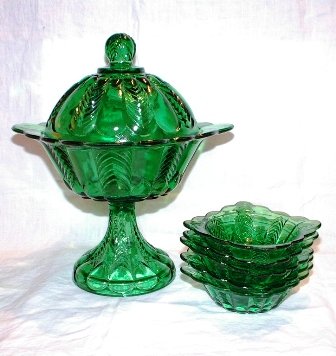 Green Covered Compote and Five Bowls