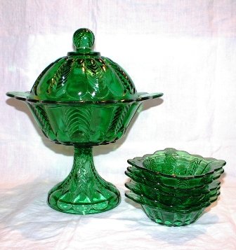 Green Covered Compote and Five Bowls