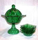 Green Covered Compote and Five Bowls
