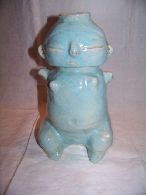 Blue Pottery Vase or Jug Signed