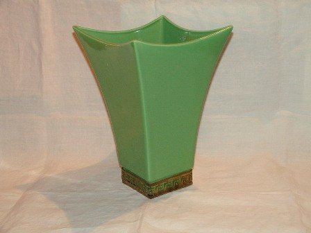 Vase Large Green Pottery Brass Trim