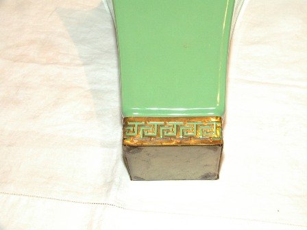 Vase Large Green Pottery Brass Trim
