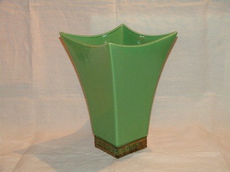 Vase Large Green Pottery Brass Trim