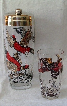 Hazel Atlas Pheasants Cocktail Shaker and Glass