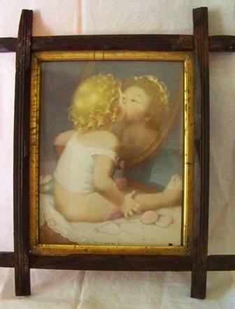 Antique Picture Baby Kissing Herself in Mirror