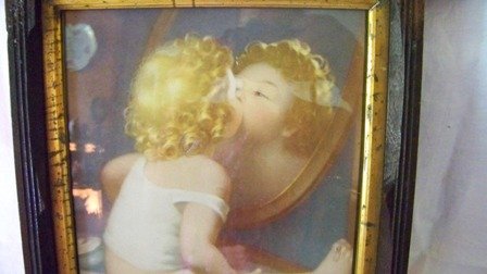 Antique Picture Baby Kissing Herself in Mirror